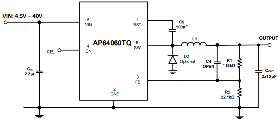 Applikations-Schaltungsdiagramm - Diodes Incorporated AP64060TQ Synchroner Abwärtswandler 